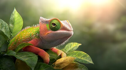 Wall Mural - A chameleon with golden accents on its body, blending into a stack of shimmering golden leaves in a dense forest, illuminated by sunlight breaking through the canopy. Ultra-Realistic, Photo 