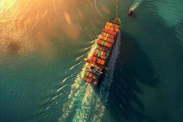 A cargo ship sailing on the water, viewed from above, import and export logistics cargo shipping transportation of goods by container ship on the open sea, cargo ship