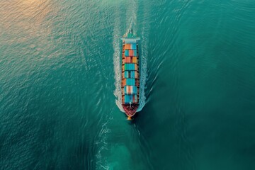 A cargo ship sailing on the water, viewed from above, import and export logistics cargo shipping transportation of goods by container ship on the open sea, cargo ship