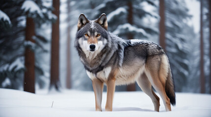 Naklejka na meble A Regal Wolf Amidst the Snow-Covered Pines: Lone Wolf Under Winter's Blanket