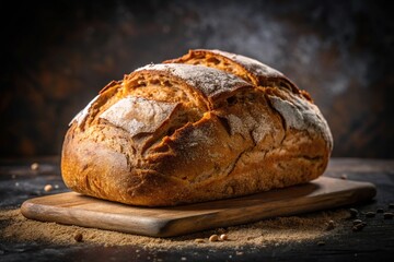 Close-up of fresh baked homemade bread with dark background Panoramic