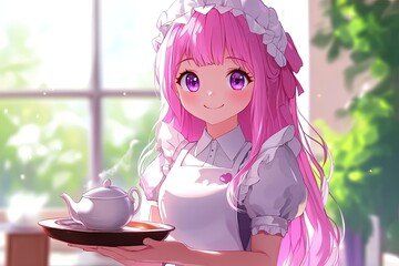 Canvas Print - a woman with pink hair holding a plate of food