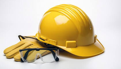 Essential Safety Gear: A bright yellow hard hat, sturdy work gloves, and protective eyewear.  Ready for any job, ensuring safety and preparedness on site.