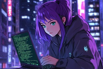 Sticker - a woman with purple hair using a laptop