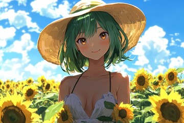 Sticker - a woman with green hair wearing a sunflower hat