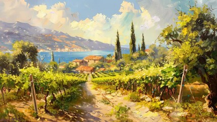 Wall Mural - animation peaceful countryside farm with lush green fields generated with ai