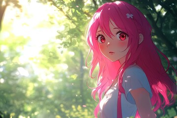 Poster - a girl with pink hair standing in front of a tree