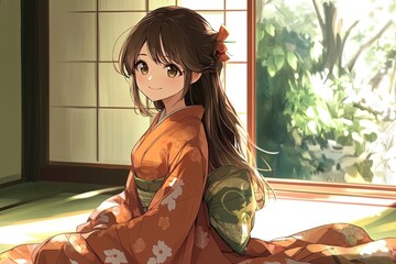 Wall Mural - a woman in a kimono sitting on the floor