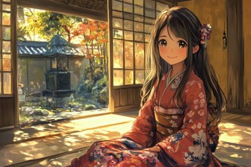 Wall Mural - a woman in a kimono sitting in front of a window