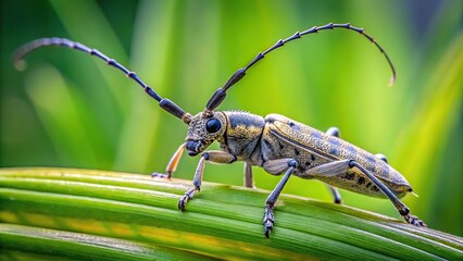 close-up of long whiskered agapanthia beetle crawling on plant stem