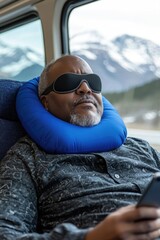 Peaceful traveler, A man resting comfortably on a bus with a neck pillow and eye mask, smiling softly as he holds his phone, embodying relaxation and serenity during a calm journey