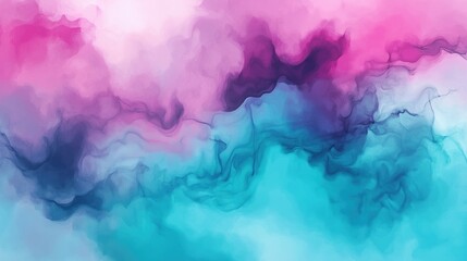 Fototapete - Vibrant abstract background with pink, blue, and teal colors blending into a dreamy smoke texture. This watercolor painting captures a soft yet dynamic scene, evoking a sense of fantasy and imaginatio