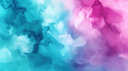 Fototapete - Vibrant abstract background with pink, blue, and teal colors blending into a dreamy smoke texture. This watercolor painting captures a soft yet dynamic scene, evoking a sense of fantasy and imaginatio