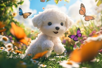 Canvas Print - a white teddy bear sitting in a field of flowers