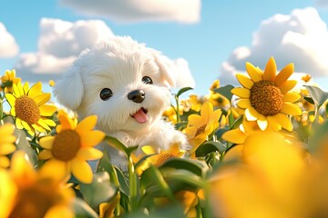 Poster - a white dog sitting in a field of sunflowers