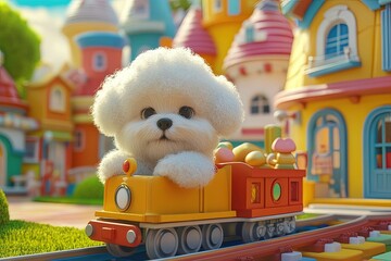 Poster - a white dog sitting on top of a toy train