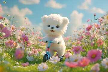 Wall Mural - a teddy bear riding a bike through a field of flowers