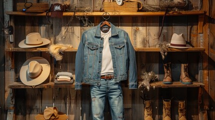 Poster - Denim Jacket and Cowboy Hat Displayed on Wooden Shelves