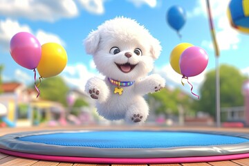 Sticker - a white puppy jumping on a trampoline with balloons