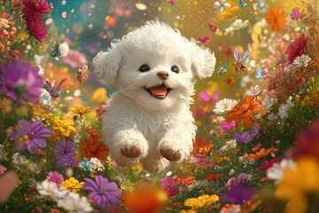 Sticker - a white puppy running through a field of flowers