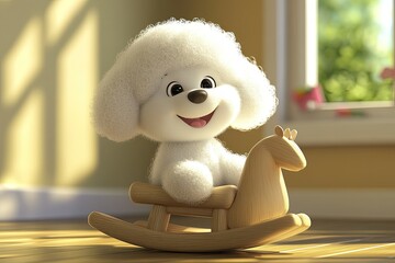 Canvas Print - a white poodle sitting on top of a wooden rocking horse