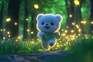 Canvas Print - a white teddy bear running through a forest filled with fireflies