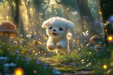 Poster - a small white dog running through a forest