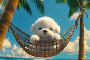 Poster - a white puppy sitting in a hammock with palm trees in the background