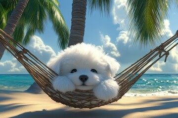 Poster - a white dog laying in a hammock on a beach