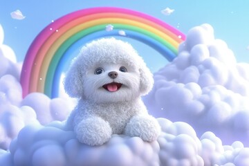 Canvas Print - a white dog sitting on a cloud with a rainbow in the background