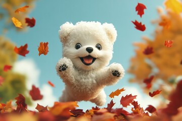 Canvas Print - a teddy bear flying through the air surrounded by leaves