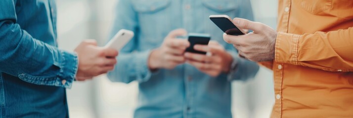 Close-up of three people holding smartphones, showcasing modern communication and technology in an urban setting.