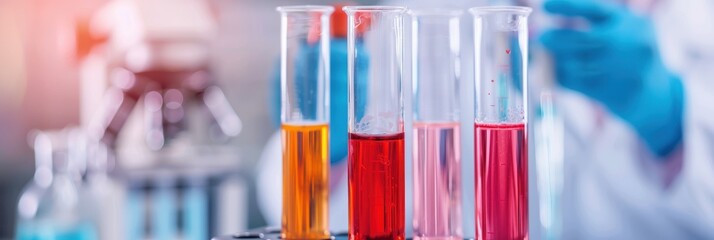 Colorful chemical solutions in test tubes in a laboratory setting with gloved hands in the background, showcasing scientific research.