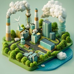 3D Illustration of a Cityscape with Smokestacks and a Wind Turbine