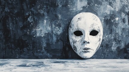 A worn, white mask with hollow eyes rests against a textured, dark background, evoking themes of mystery and unease.