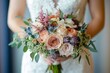 © BajimBa - Bridal bouquet featuring soft pastel roses and greenery held by a bride indoors