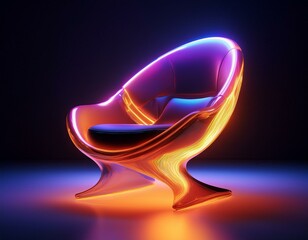 glowing neon glowing sign, magic crystal ball on black background, smooth with contemporary curved armchair. Striking piece for modern 