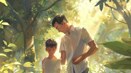 Sticker - Father and Son in a Sunny Forest