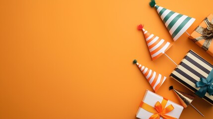 Birthday Party Essentials: A vibrant orange background with a festive arrangement of party hats and wrapped gifts.