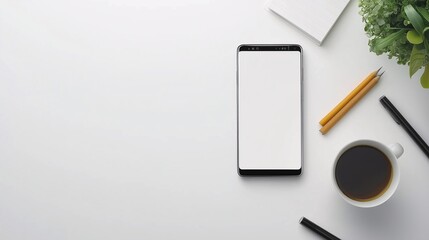 Minimalist Workspace with Mockup Phone: A clean, modern workspace with a smartphone featuring a blank screen, perfect for showcasing your app or design.