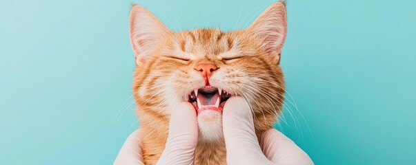 A playful orange cat shows its teeth while being groomed, with a turquoise background adding a vibrant touch to the scene.