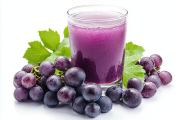 Glass of grape juice and juicy grapes isolated on a white background.