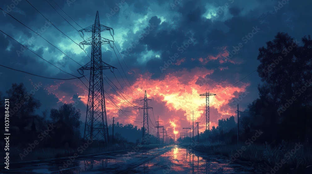 monochrome illustration of highvoltage power line towers showcasing ...
