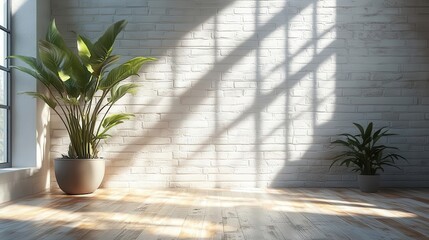 Wall Mural - sunlit serenity: a minimalist haven where shadows dance with potted greenery, creating an oasis of c