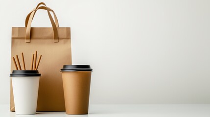 Takeout Essentials: A minimalist still life featuring a brown paper bag, two disposable coffee cups, and a stack of wooden chopsticks.