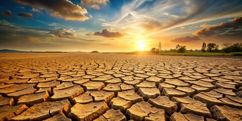 Close-up photo of cracked earth showcasing drought, water crisis, global climate change, and dehydration of nature