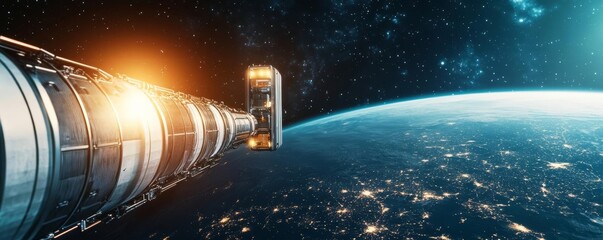 Space elevator transporting goods to a futuristic space station, sci-fi innovation in logistics