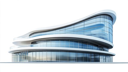 Sticker - A futuristic school building with curved glass facade, high-tech design, 3D rendering, metallic accents, isolated on white background  