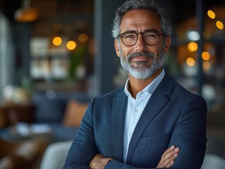 joyful mid-aged businessman standing confidently in a modern office environment, radiating positivity and success, dressed in professional attire