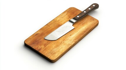 Cutting board with sharp knife on wooden surface isolated on white background. Generative AI